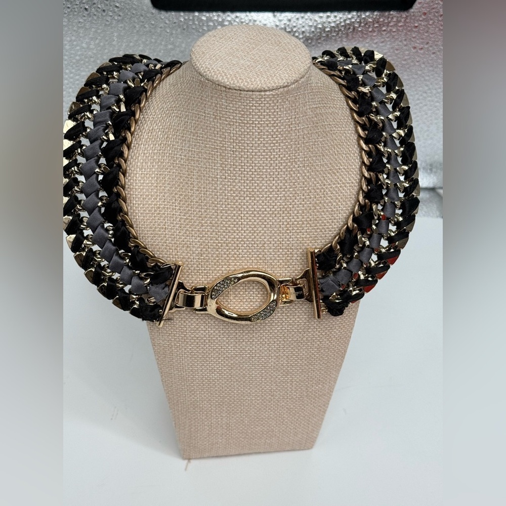 Stella & Dot Tempest Bib Necklace woven steel chain, rhinestones,silk ribbon.